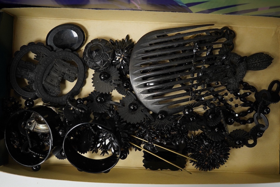 A collection of Victorian Jet mourning jewellery, Jet appliqués for clothing, black lace and a pair of cut steel knitted mittens etc. Condition - mostly good some lace fragile